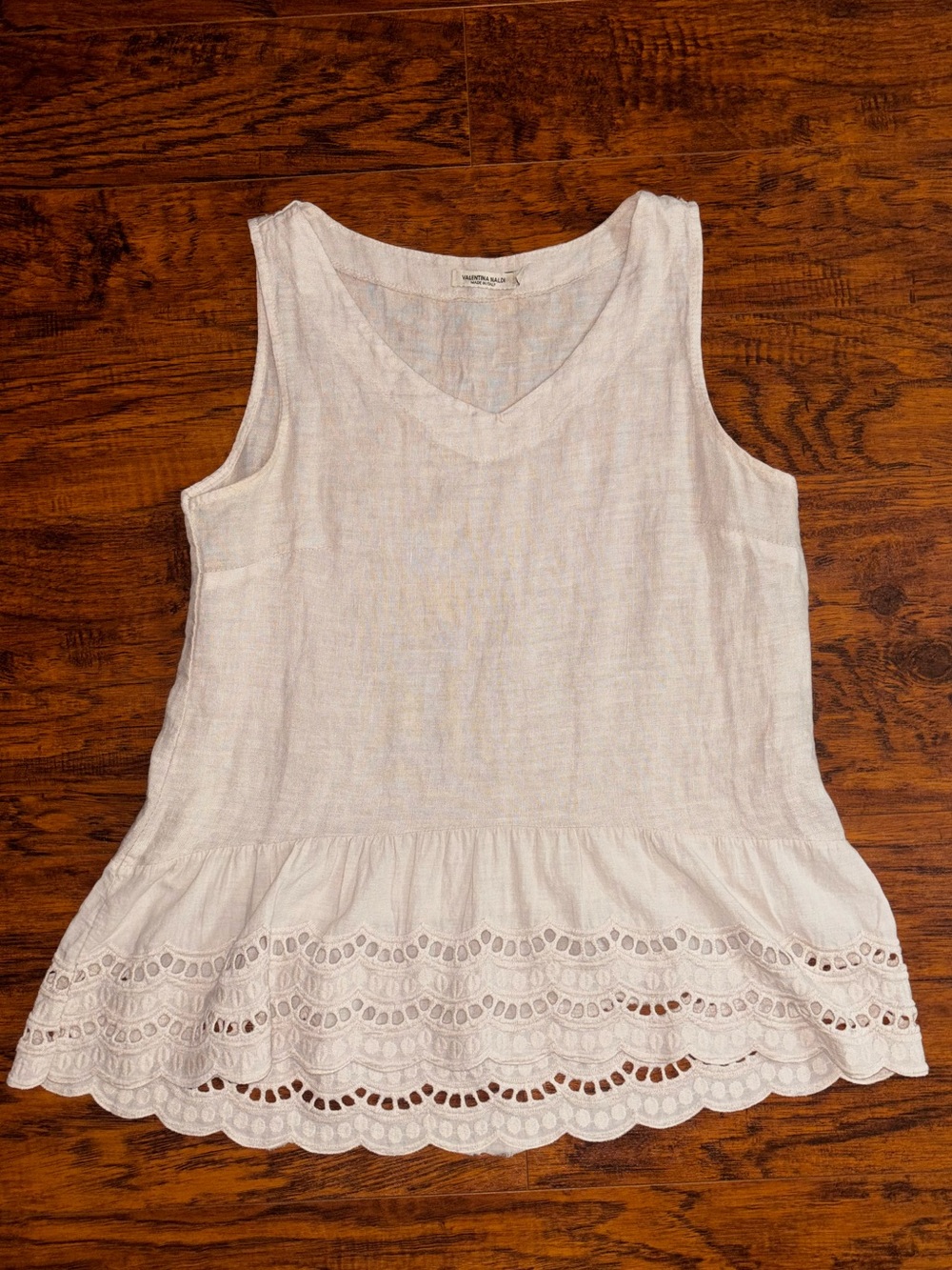 Valentina Naldi Made in Italy 100% Linen Lace-Hem Sleeveless Top Beige Tan Tank